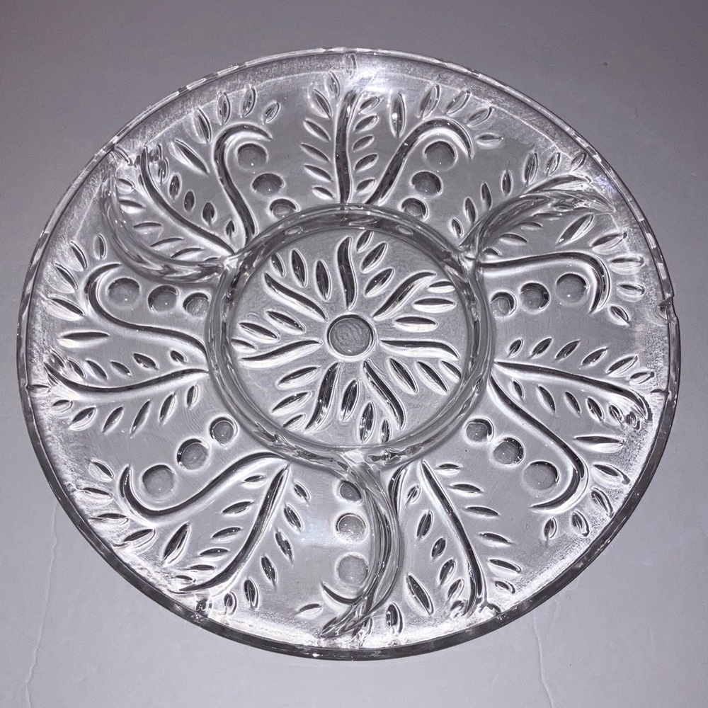Clear Glass Decorative Relish Tray and Silver Serving Tray 11”